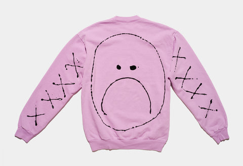 100% cotton lavender sweatshirt, perfectly cut, has large, dripping black painted sad face on body and four black drippy x's on each sleeve